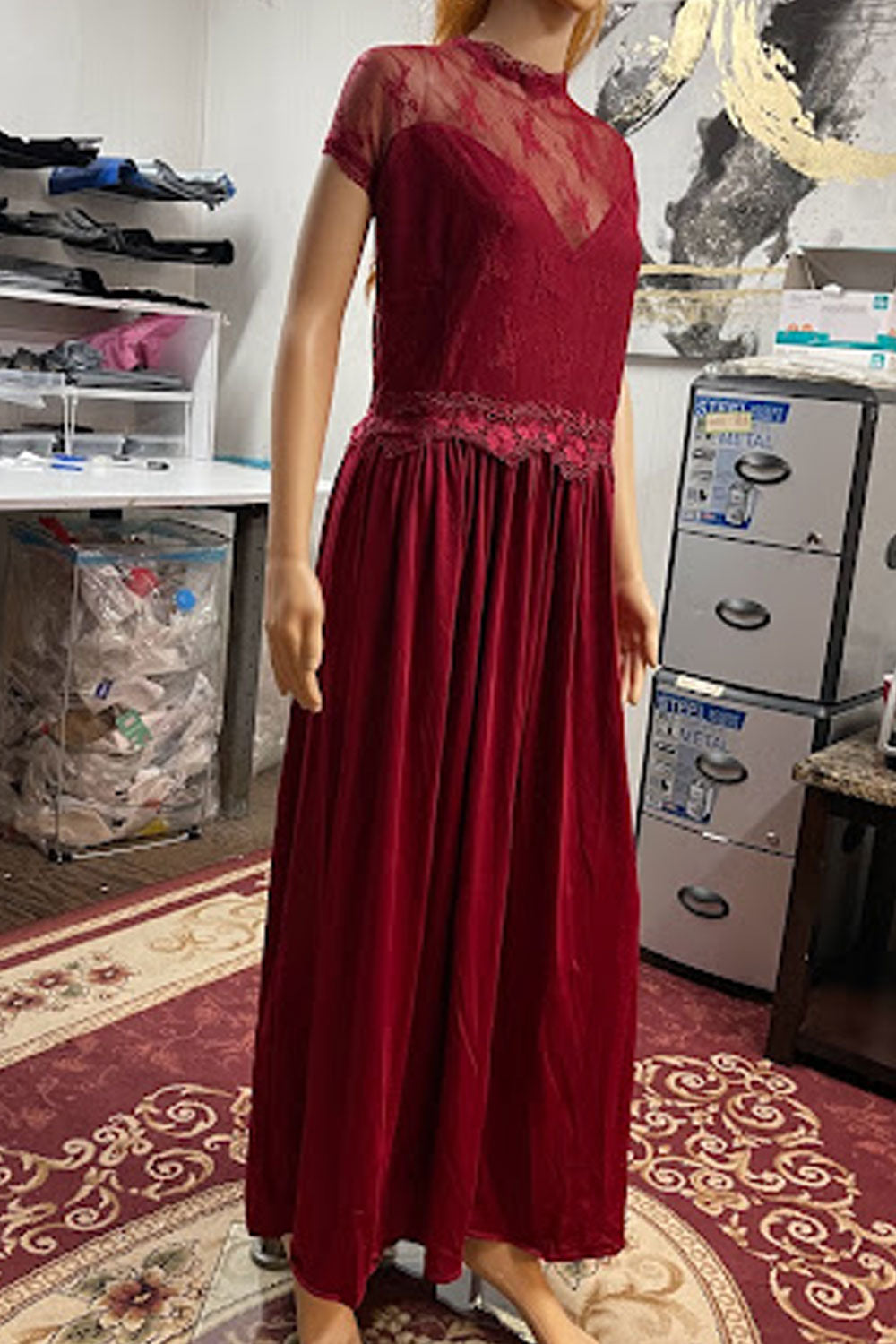 Women Net Material Crafted Top Lace Decorated Waist Beautiful A-Line Dress