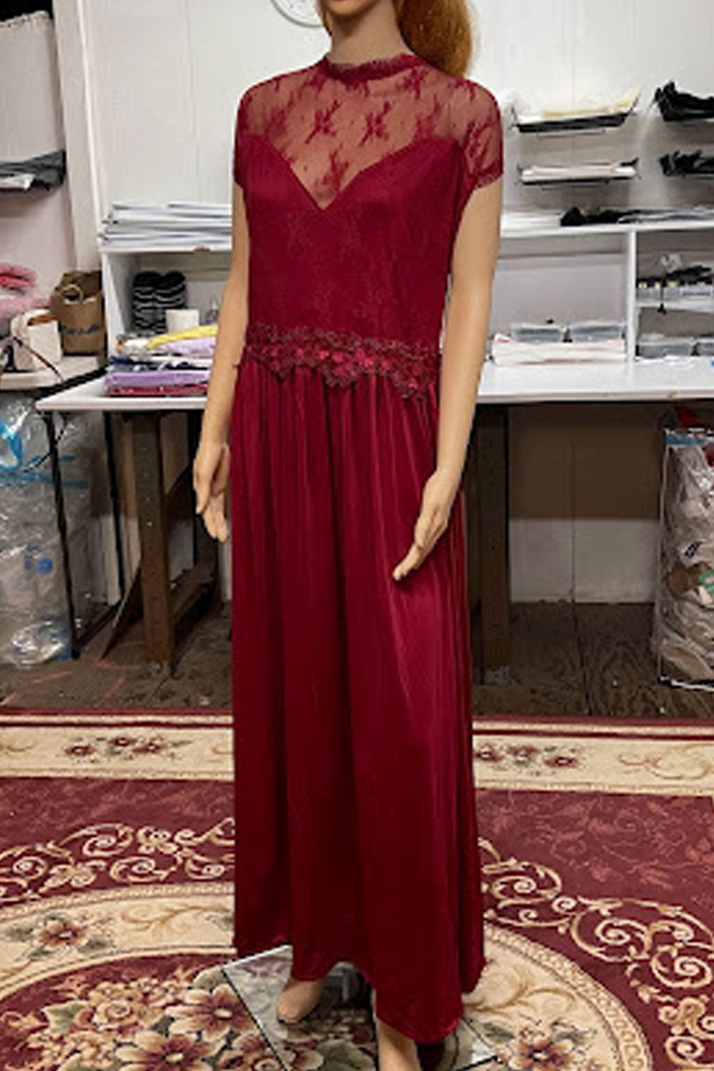 Women Net Material Crafted Top Lace Decorated Waist Beautiful A-Line Dress