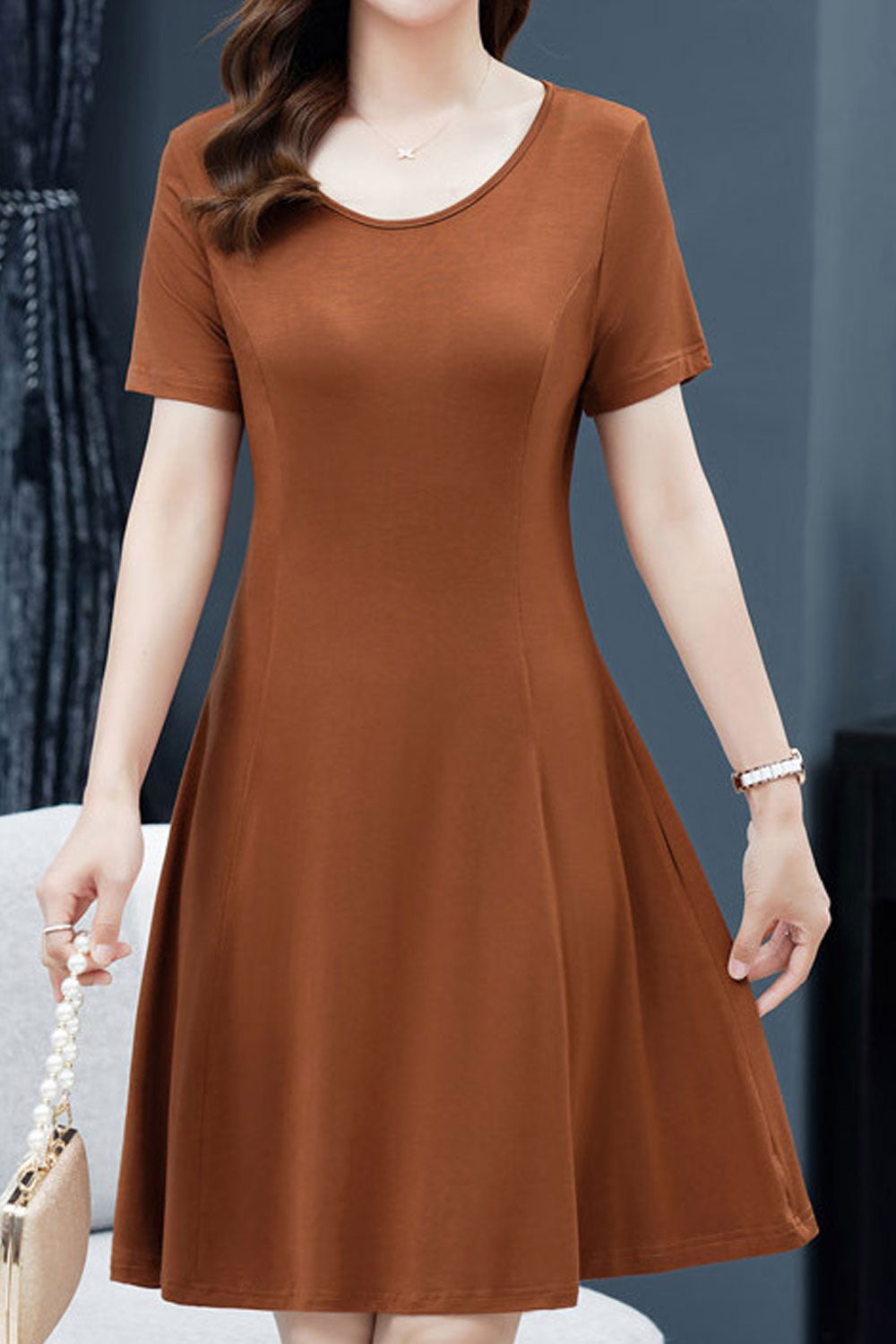Women Good Looking Solid Colored Round Neck Short Sleeve Summer Casual Dress