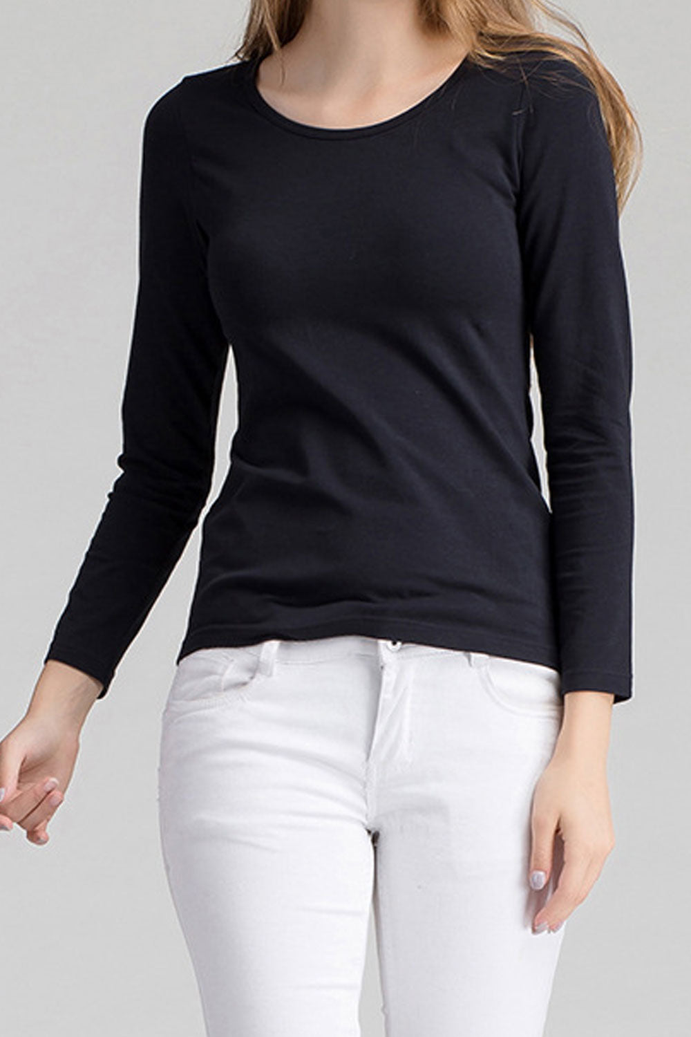 Women Pretty Solid Colored Long Sleeve Comfortable Round Neck Winter Pullover Casual T-Shirt