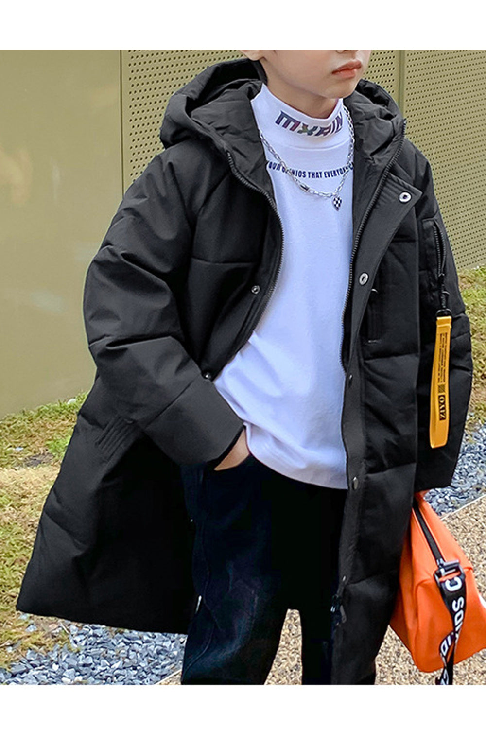 Kids Boys Button Down Long Padded Jacket