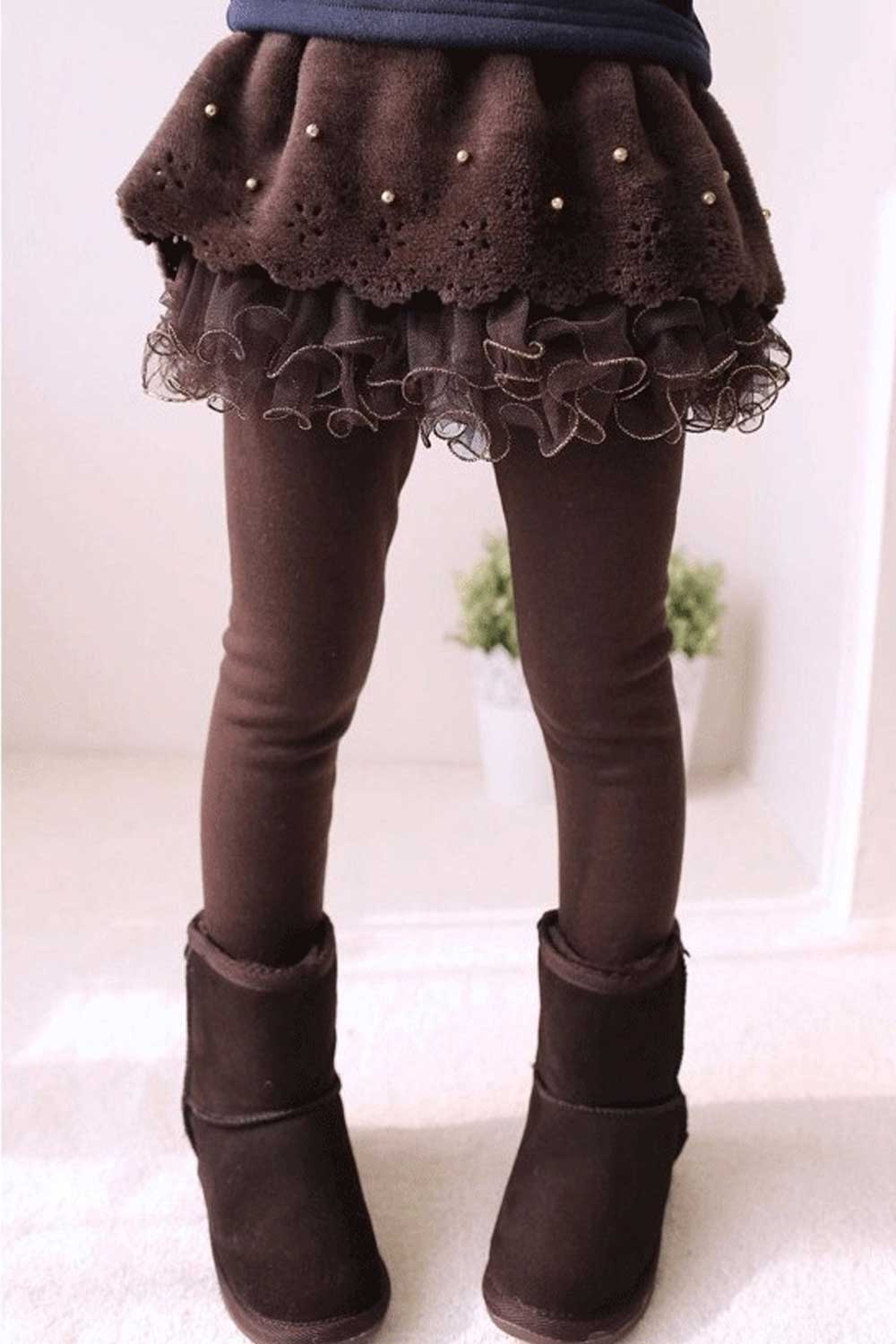 Kids Girls Beaded Trim Ruffle Winter Skirt Legging