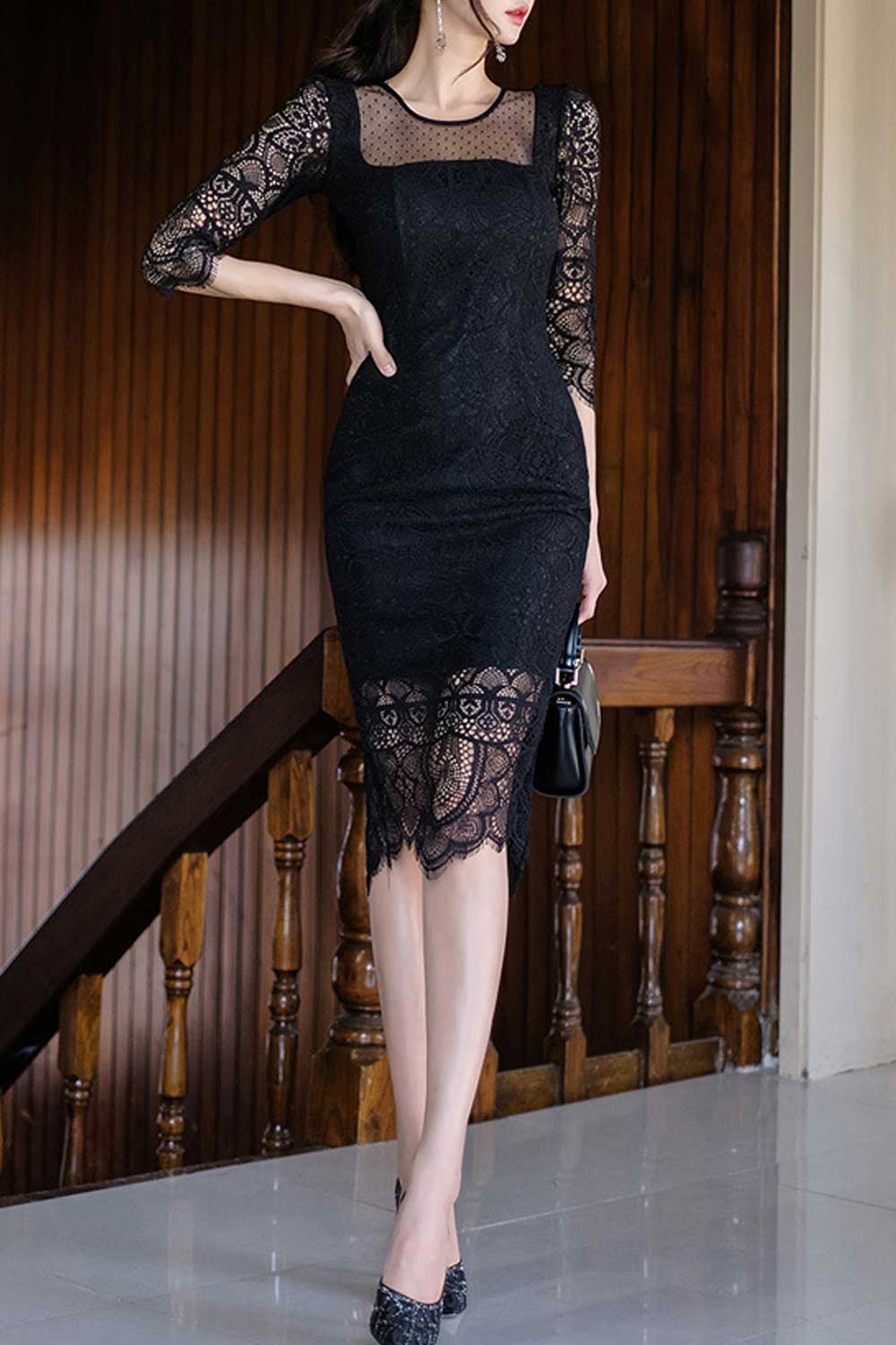 Women See Through Lace Up Slim Party Dress