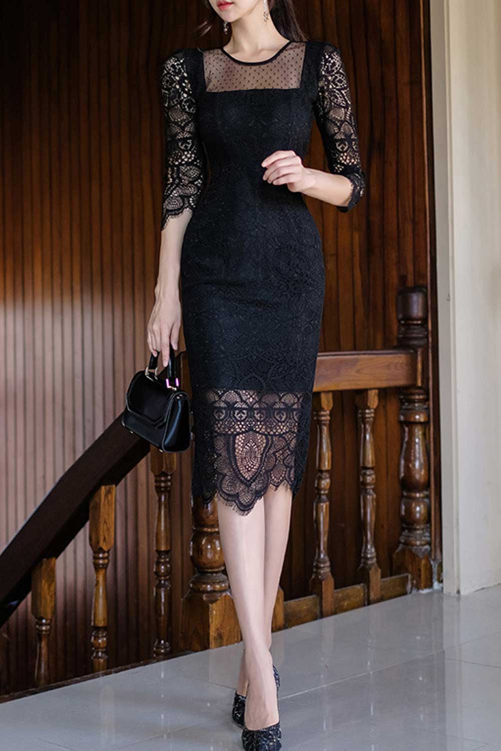 Women See Through Lace Up Slim Party Dress