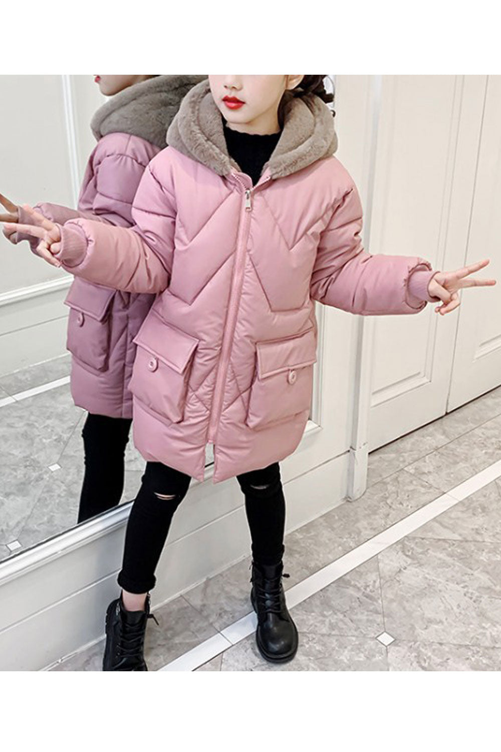 Kids Girls Fake Cartoon Ears Attached Jacket