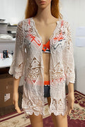 Women Simple Lace Patterned V- Neck Mid Length Sleeves Relax able Beach Cover Up