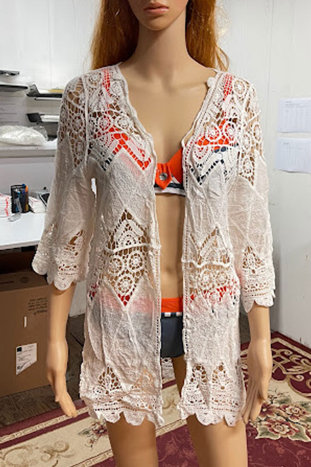 Women Simple Lace Patterned V- Neck Mid Length Sleeves Relax able Beach Cover Up