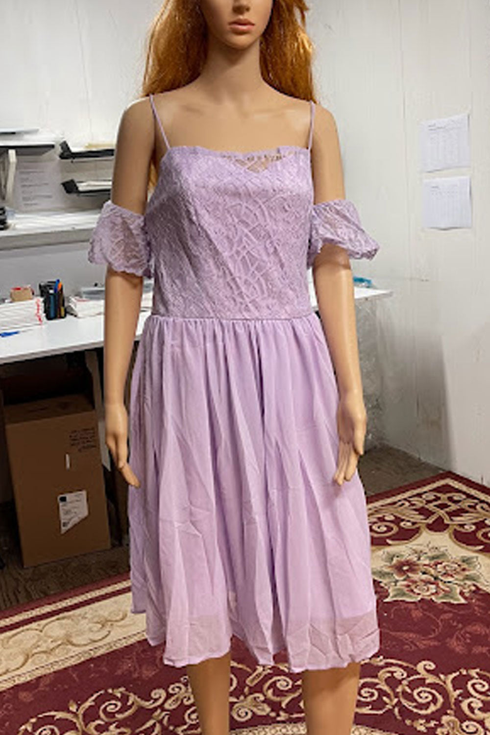 Women Superb Strap Neck Off-Shoulder Sleeve Solid Pattern Below Knee Length A-Line Dress