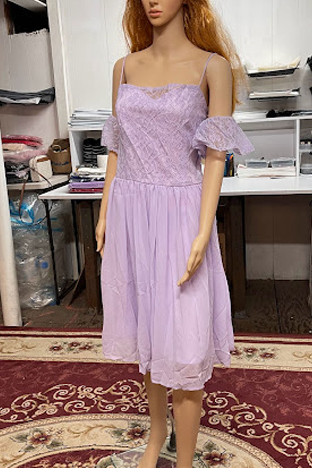 Women Superb Strap Neck Off-Shoulder Sleeve Solid Pattern Below Knee Length A-Line Dress