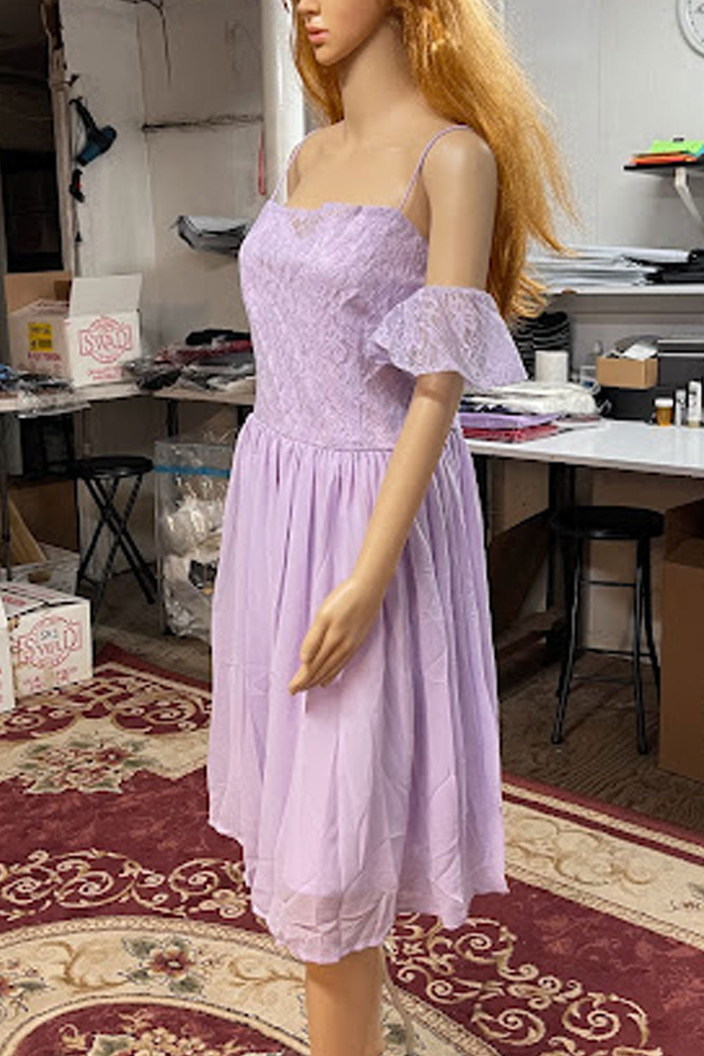 Women Superb Strap Neck Off-Shoulder Sleeve Solid Pattern Below Knee Length A-Line Dress