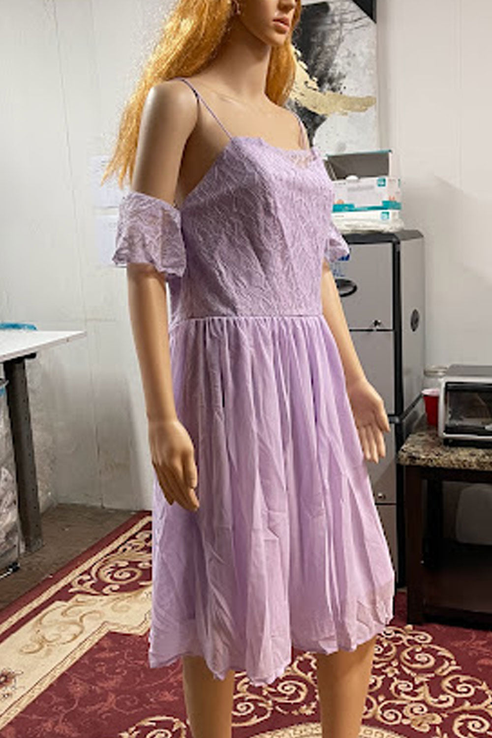 Women Superb Strap Neck Off-Shoulder Sleeve Solid Pattern Below Knee Length A-Line Dress
