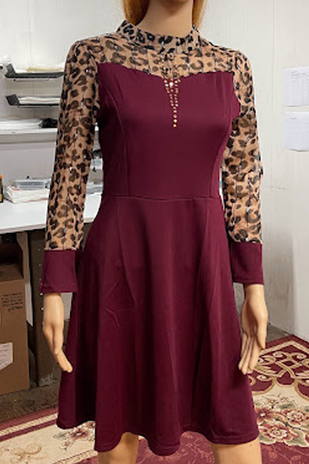 Women Outstanding Leopard Printed Round Neck Slim Fit Comfy Fabric Constructed A-Line Dress