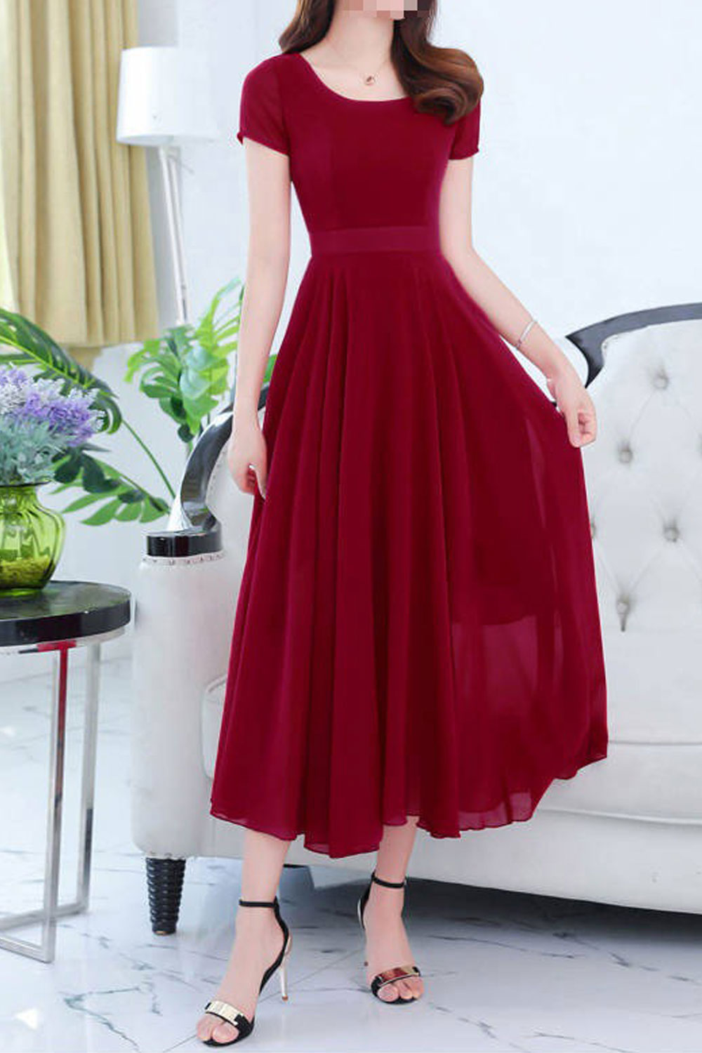 Women Nice Solid Pattern Short Sleeve Large Swing Slim Fit Amazing Party Evening Dress
