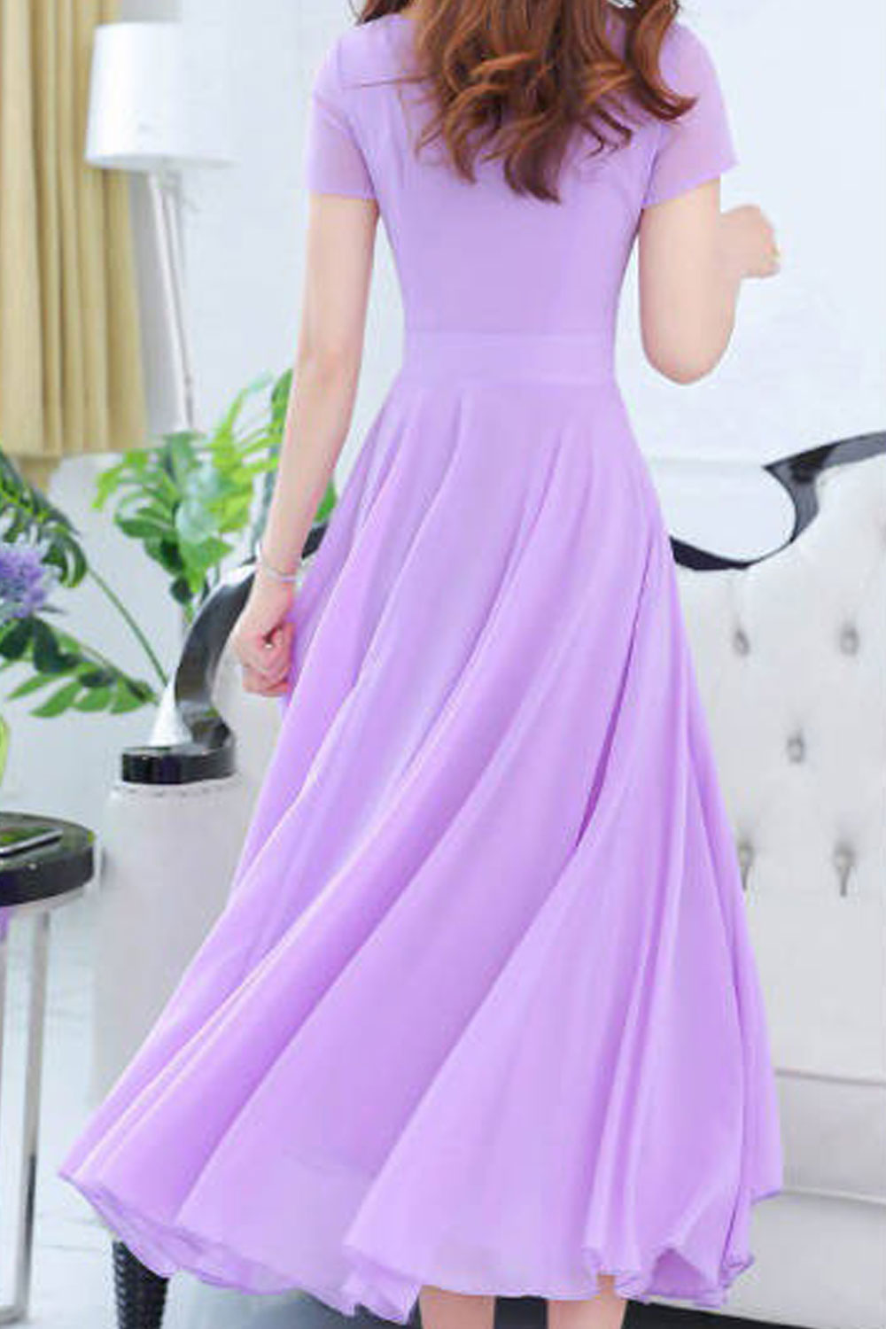 Women Nice Solid Pattern Short Sleeve Large Swing Slim Fit Amazing Party Evening Dress