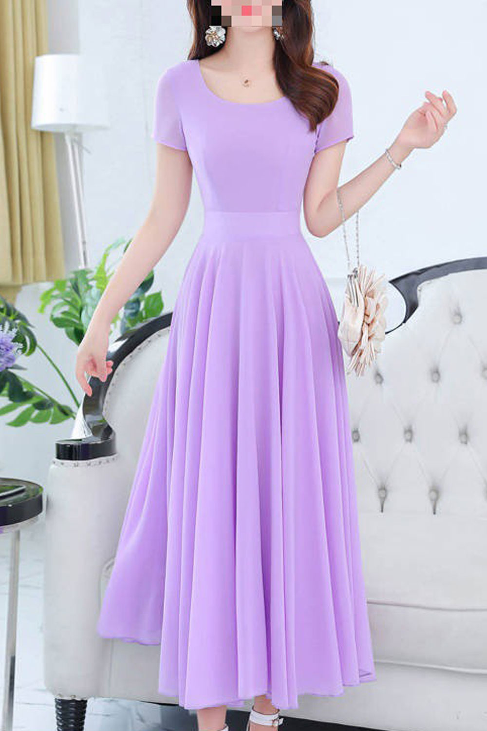 Women Nice Solid Pattern Short Sleeve Large Swing Slim Fit Amazing Party Evening Dress