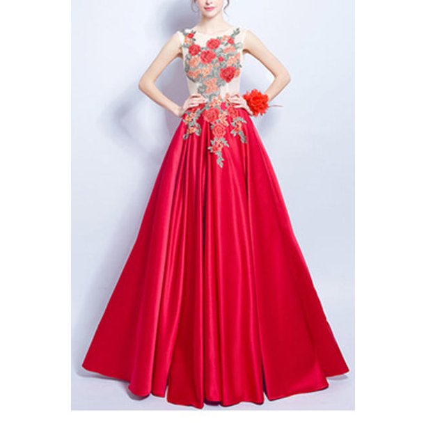Women Appealing Floral Designed Round Neck Sleeveless Long Length Lovely Party Evening Dress