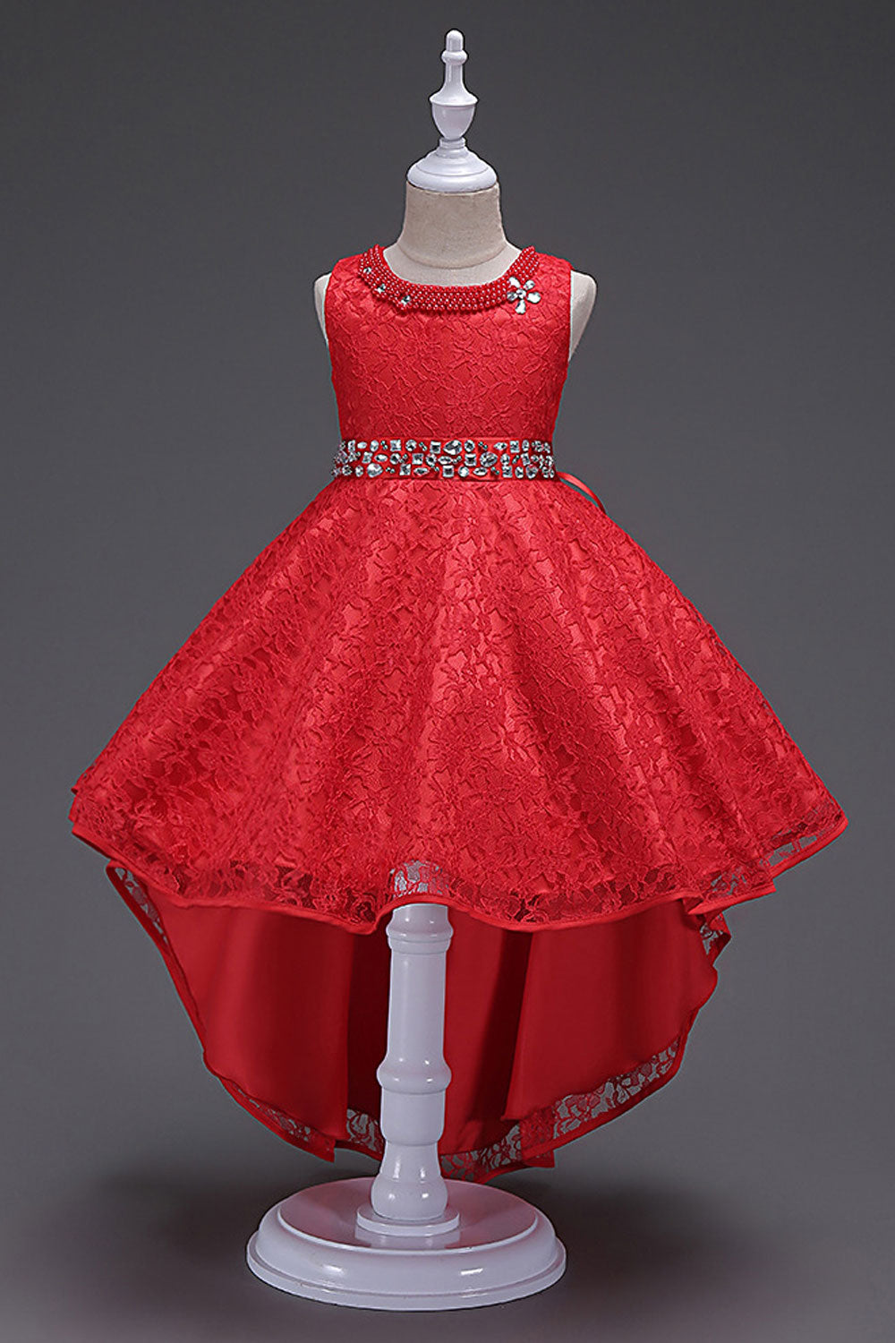 Kids Girls Lovely Beads Decorated Waist & Round Neck Lace Pattern Fascinating Party Evening Irregular Dress