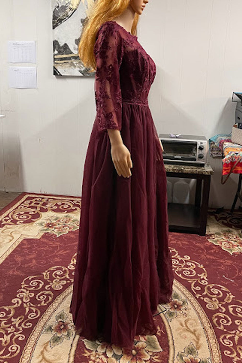 Women Excellent Lace Decorated Round Neck Long Sleeve Superb Party Evening Maxi Dress