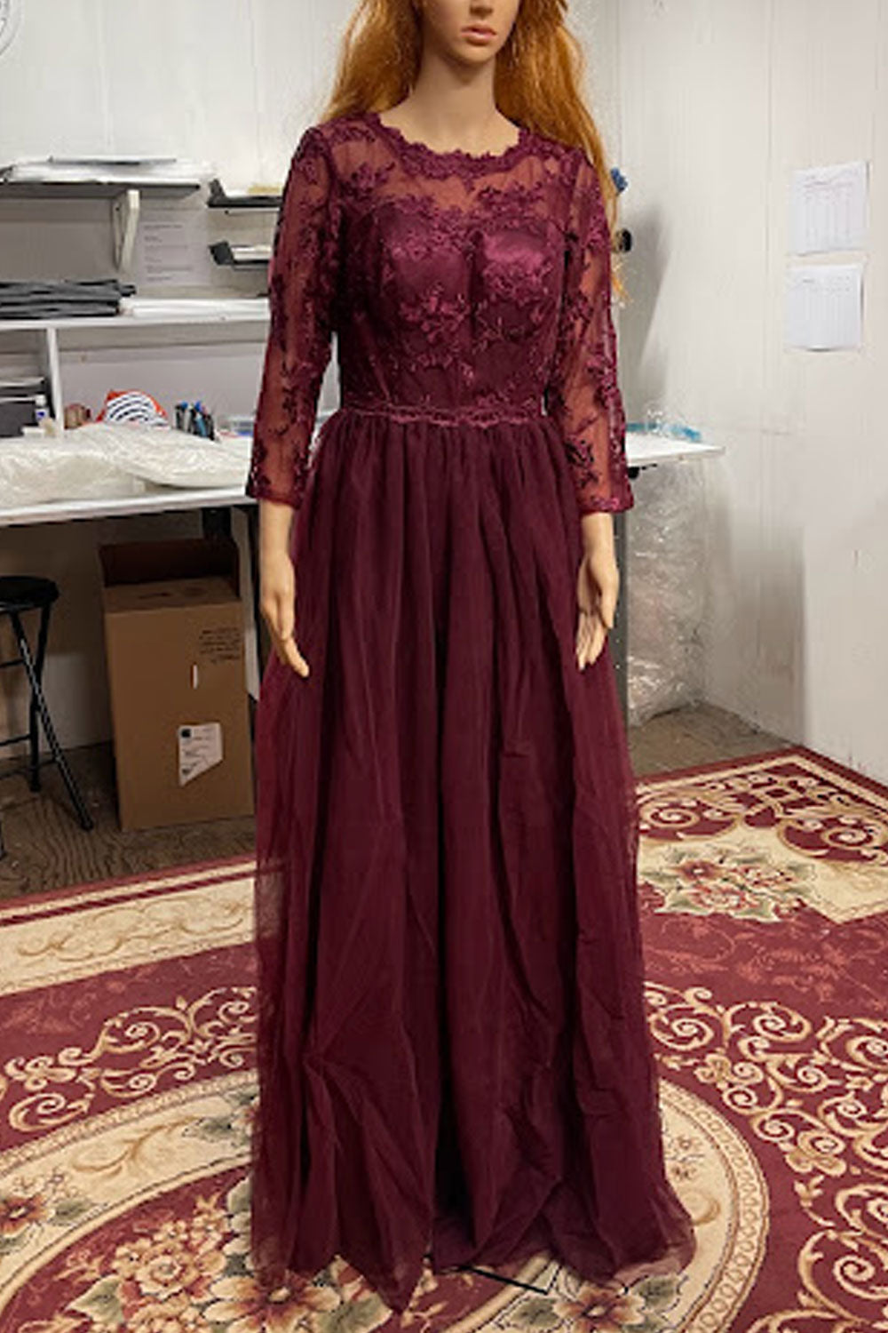 Women Excellent Lace Decorated Round Neck Long Sleeve Superb Party Evening Maxi Dress
