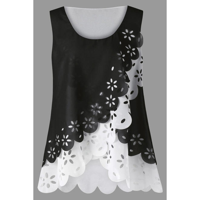 Women Round Neck Flower Design Irregular Top
