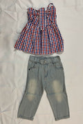 Kids Girls Beautifully Designed Top Plaid Pattern Strap Shoulder Comfortable Jeans Awesome Outfit Set