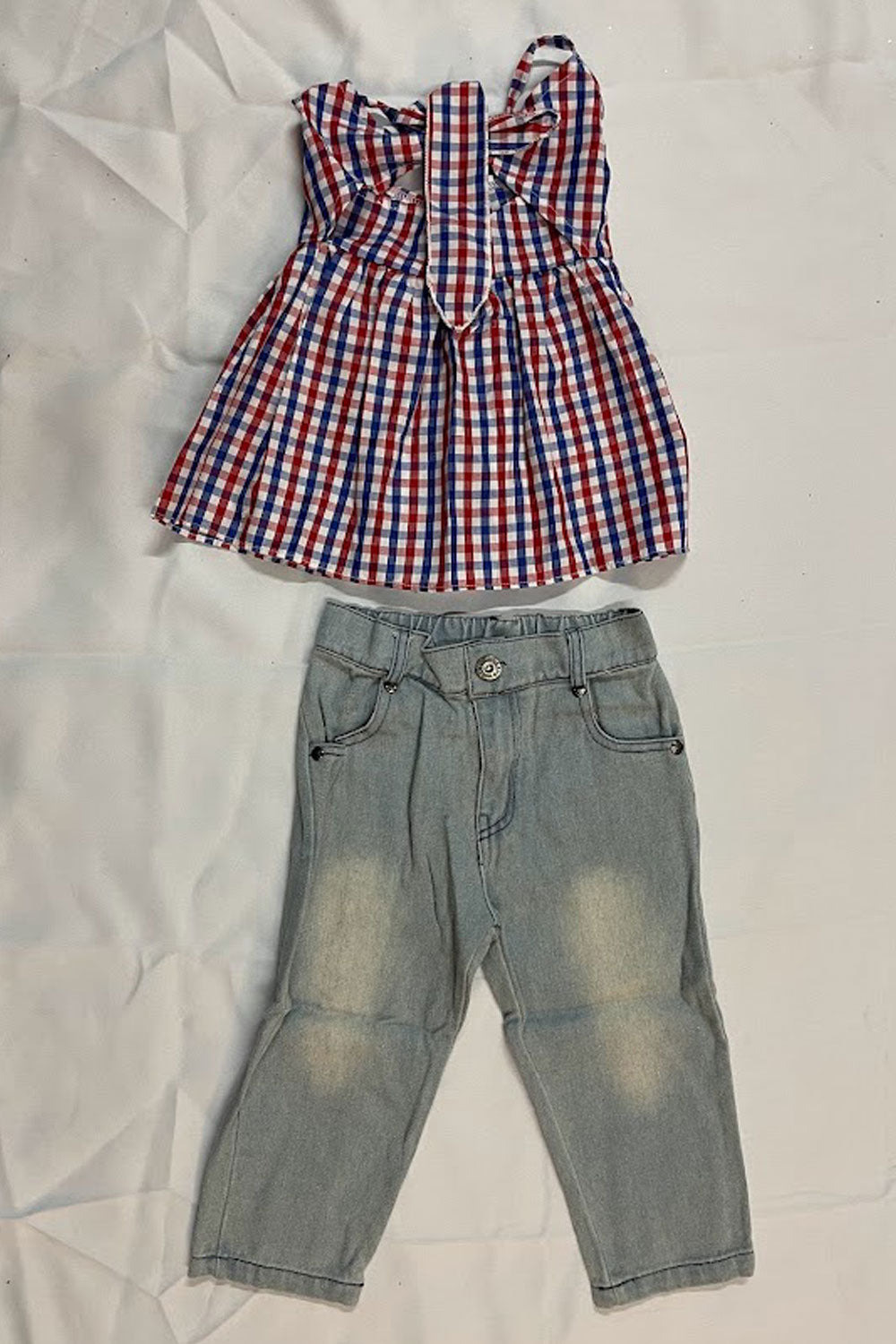 Kids Girls Beautifully Designed Top Plaid Pattern Strap Shoulder Comfortable Jeans Awesome Outfit Set
