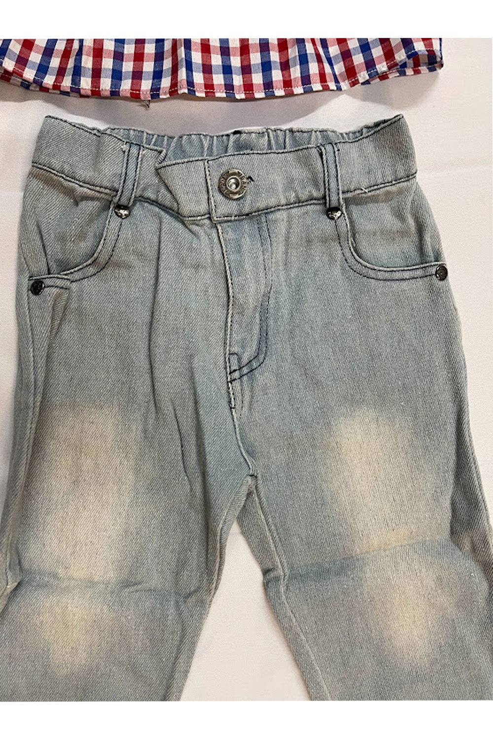 Kids Girls Beautifully Designed Top Plaid Pattern Strap Shoulder Comfortable Jeans Awesome Outfit Set