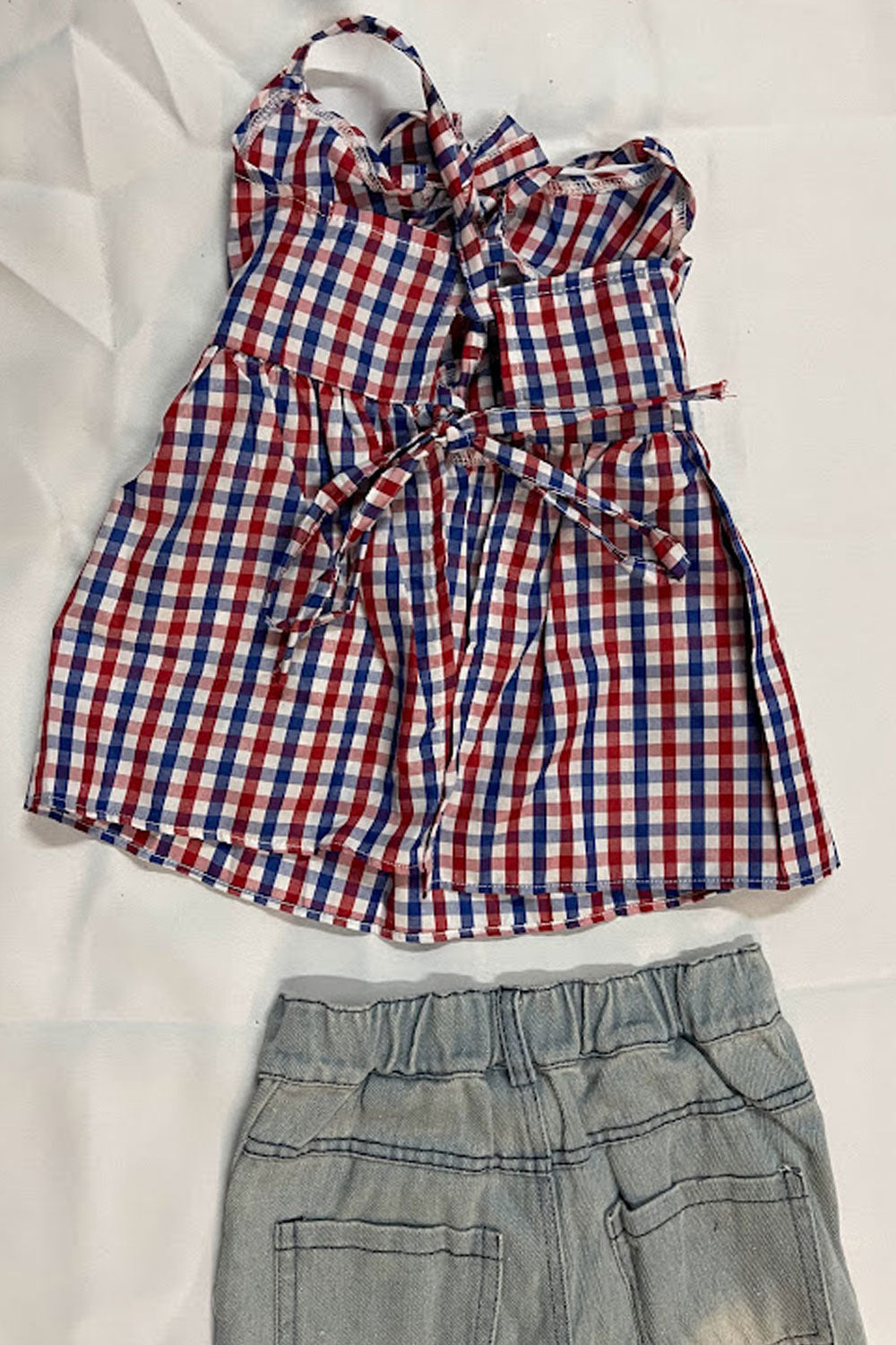 Kids Girls Beautifully Designed Top Plaid Pattern Strap Shoulder Comfortable Jeans Awesome Outfit Set