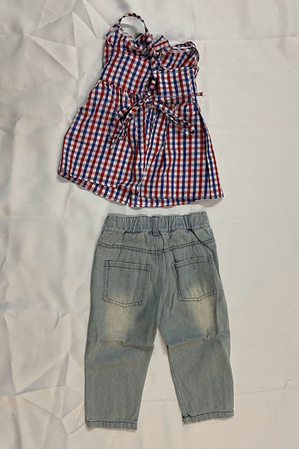 Kids Girls Beautifully Designed Top Plaid Pattern Strap Shoulder Comfortable Jeans Awesome Outfit Set
