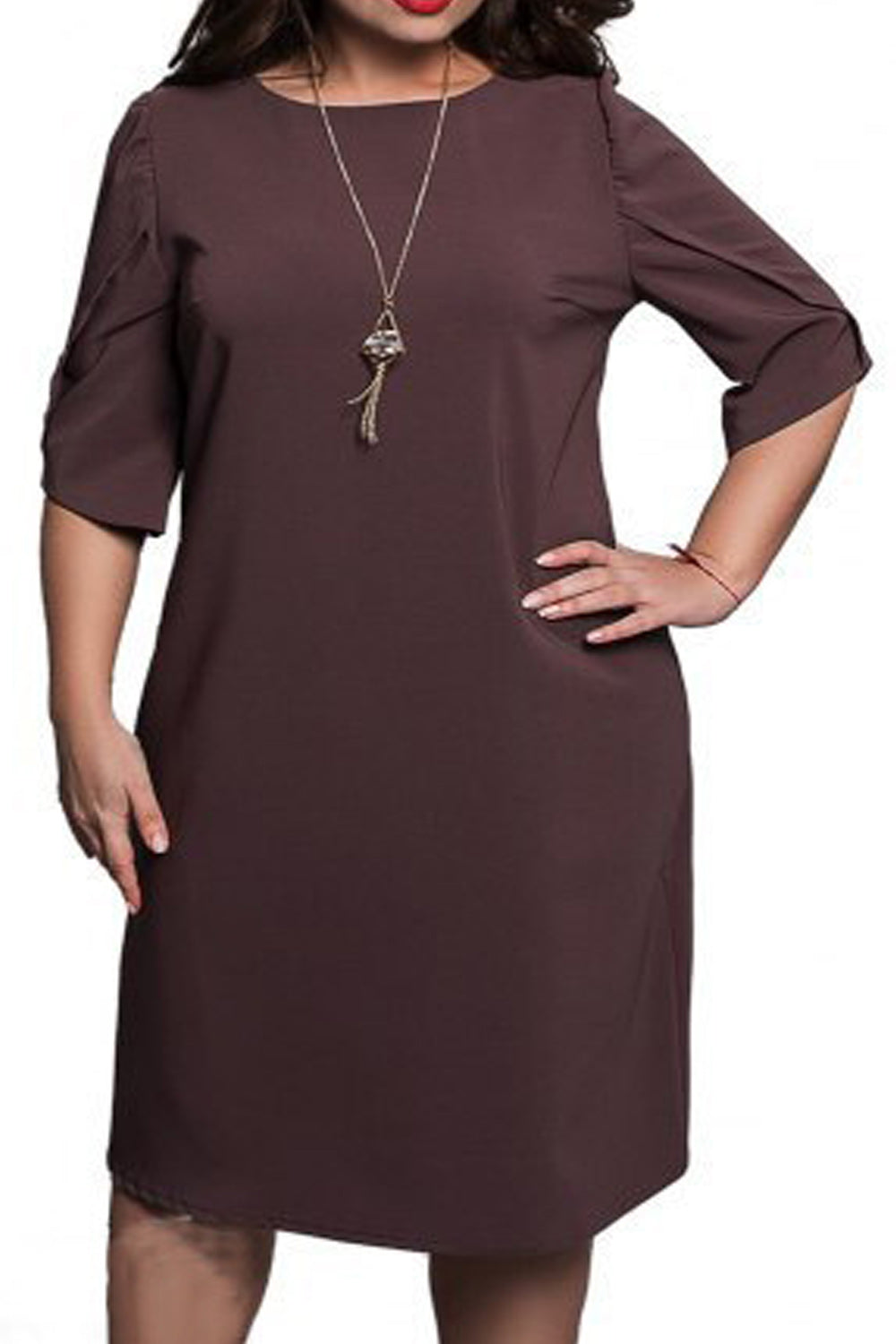 Women Beautiful Solid Color Round Neck 3/4 Sleeve Dress