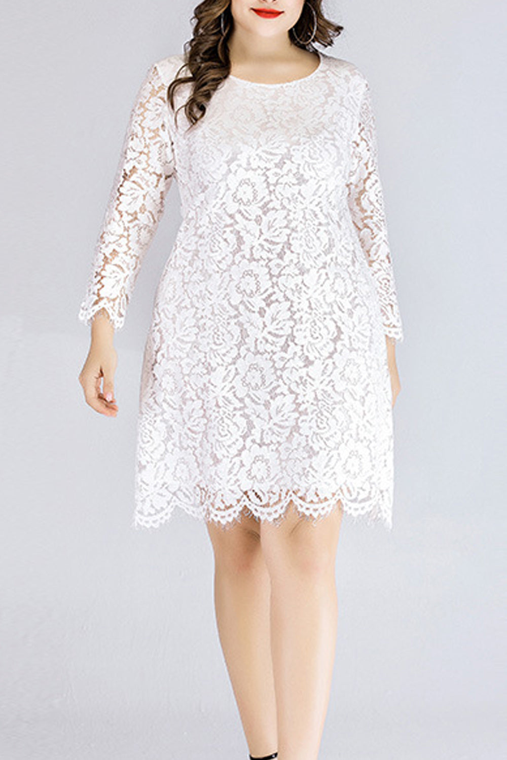 Women Wonder-full Flower Lace Round Neck Solid Color Dress