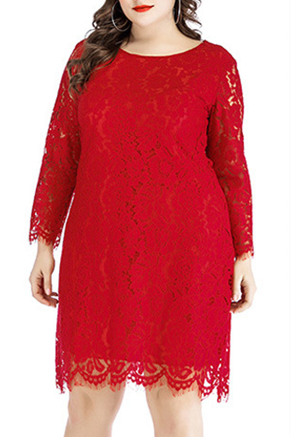 Women Wonder-full Flower Lace Round Neck Solid Color Dress