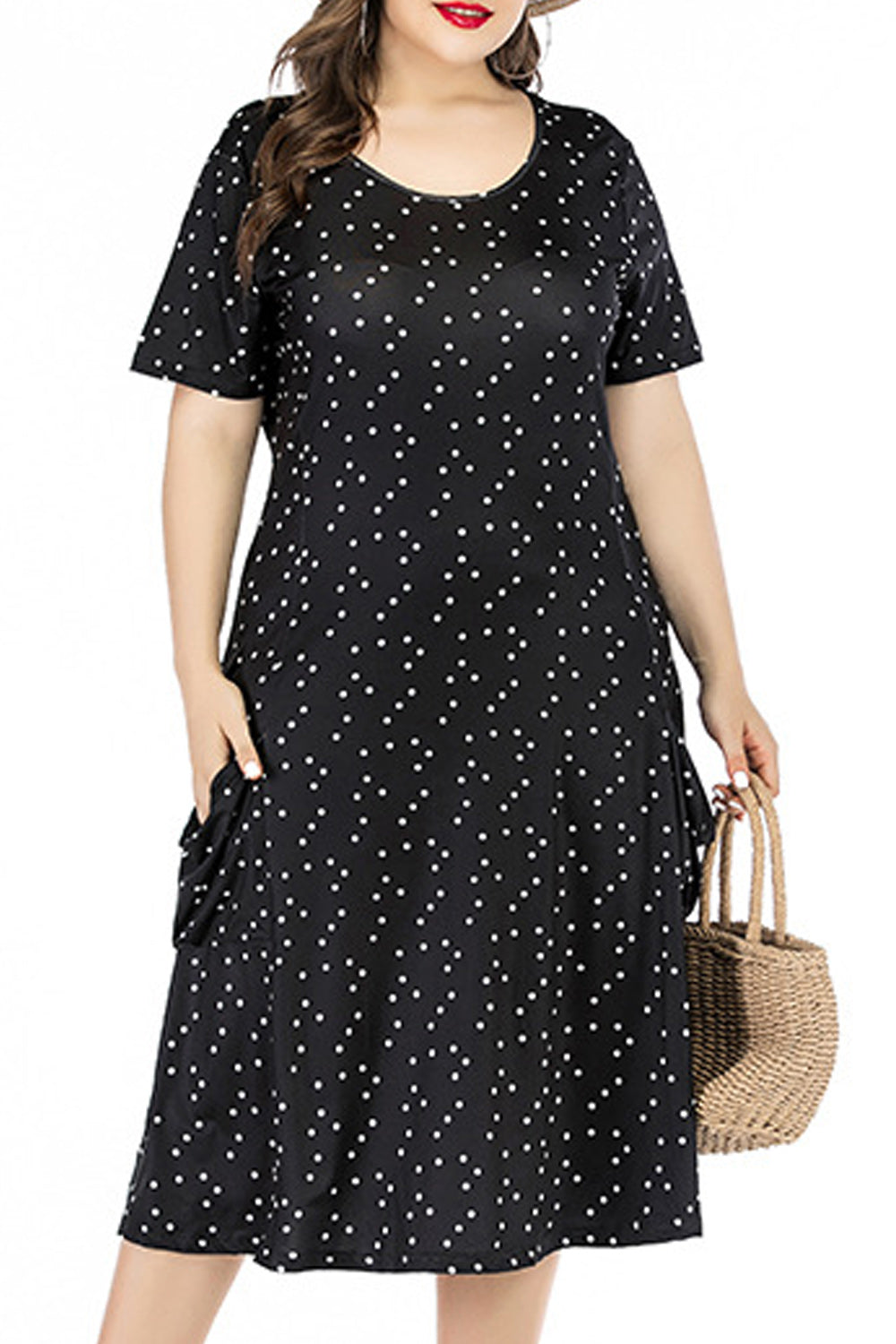 Women Dot Printed Short Sleeve Round Neck Dress