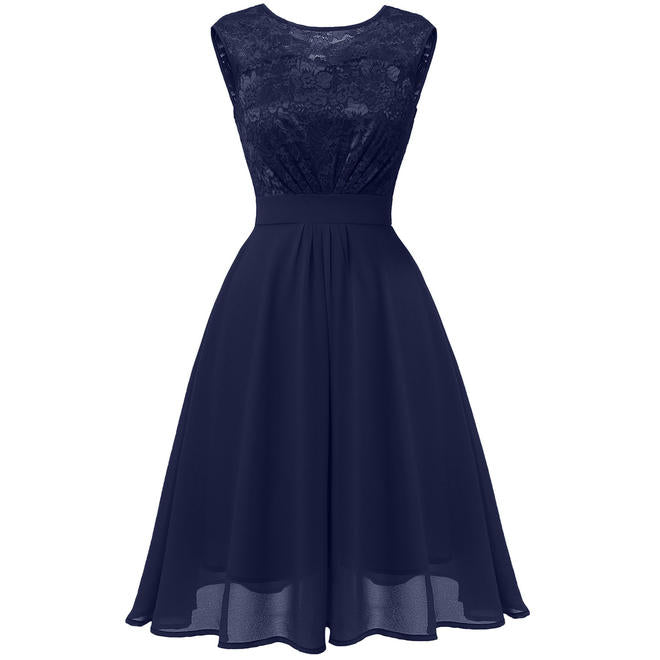 Women Round Neck Sleeveless Swing Lace Dress