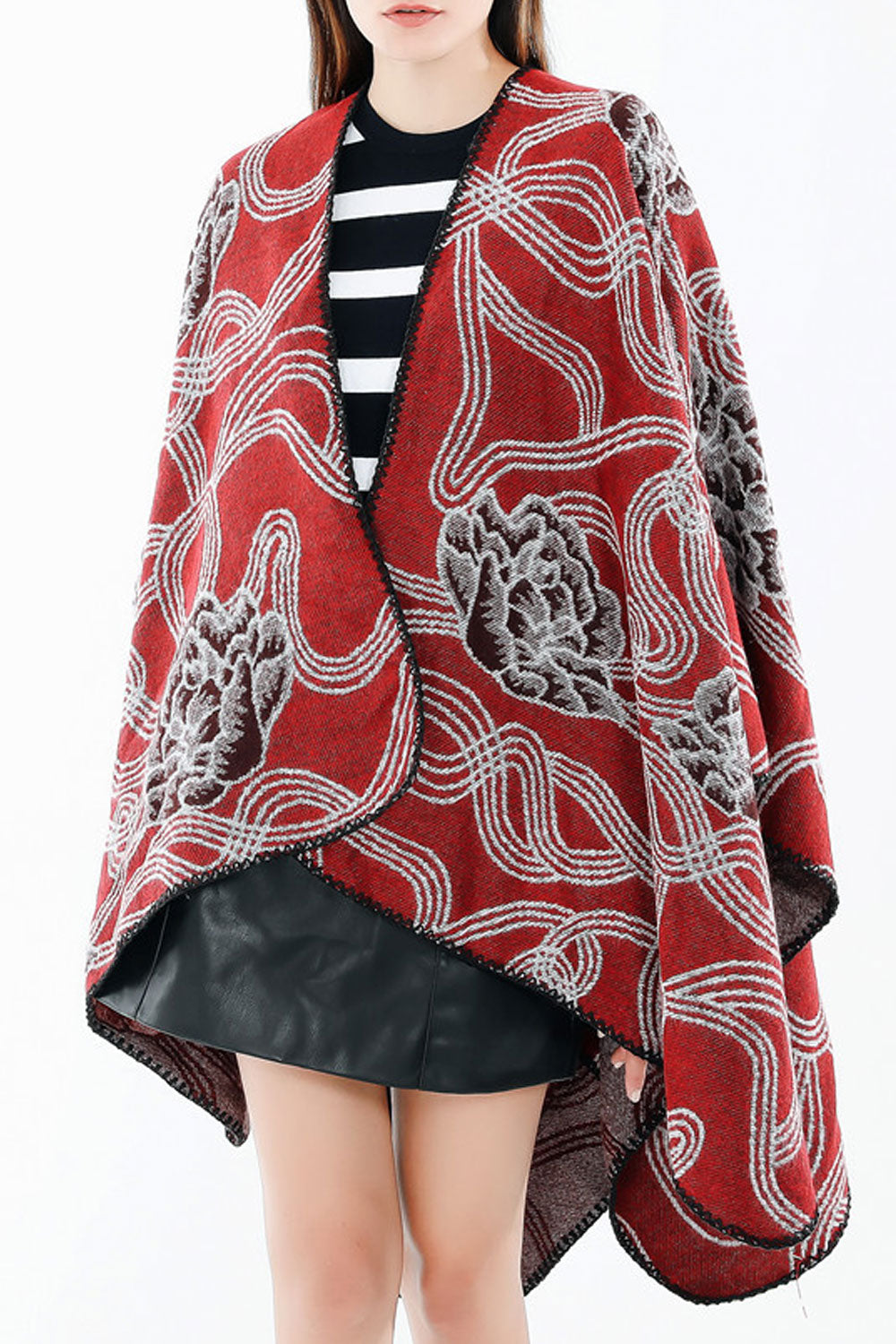 Women Lovely Curve Flower Pattern Warm & Thick Shawl