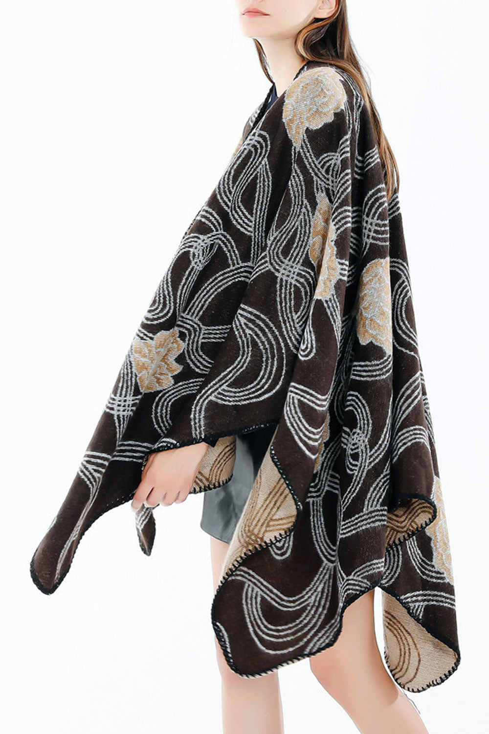 Women Lovely Curve Flower Pattern Warm & Thick Shawl