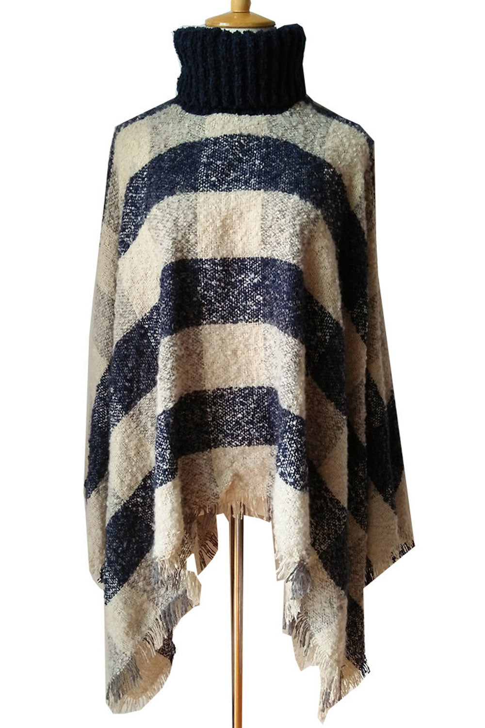 Women Windproof Plaid Pattern High Collar Pullover Shawl