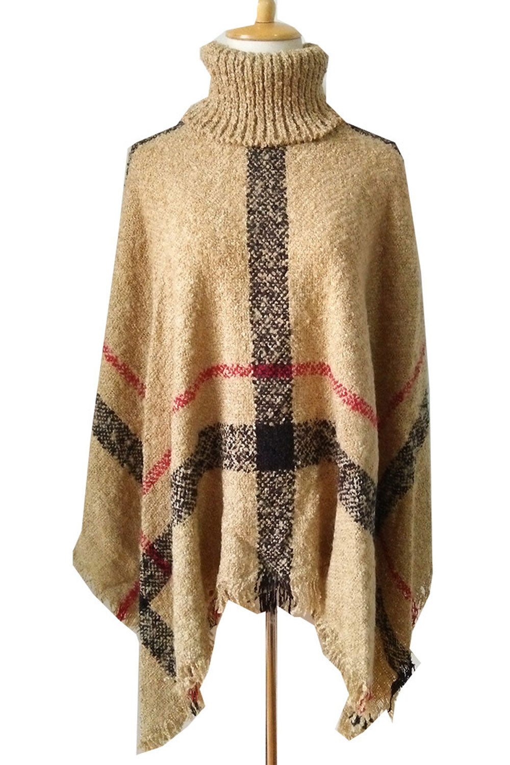 Women Windproof Plaid Pattern High Collar Pullover Shawl
