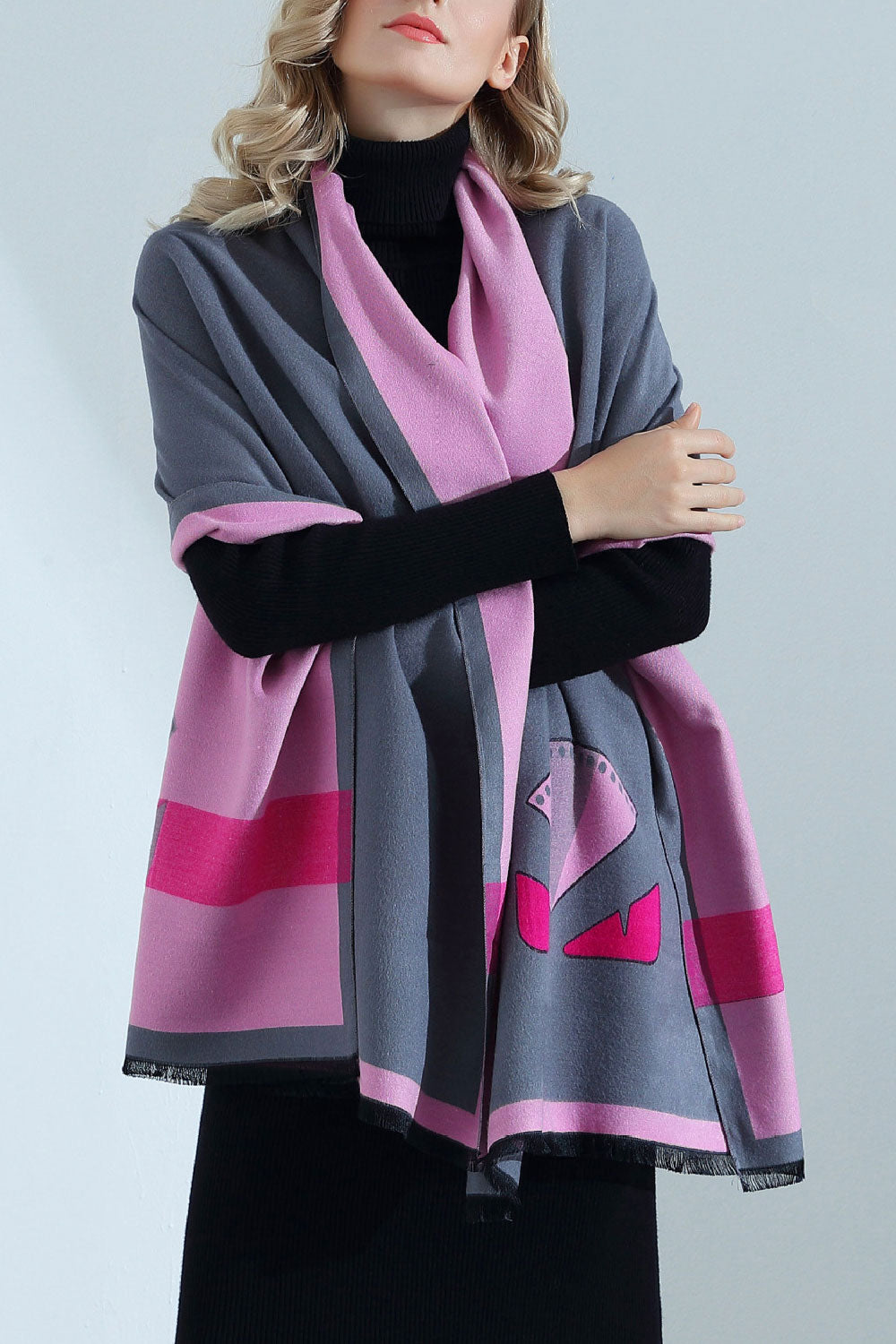 Women Cute Cartoon Pattern Cashmere Warm Thick Shawl