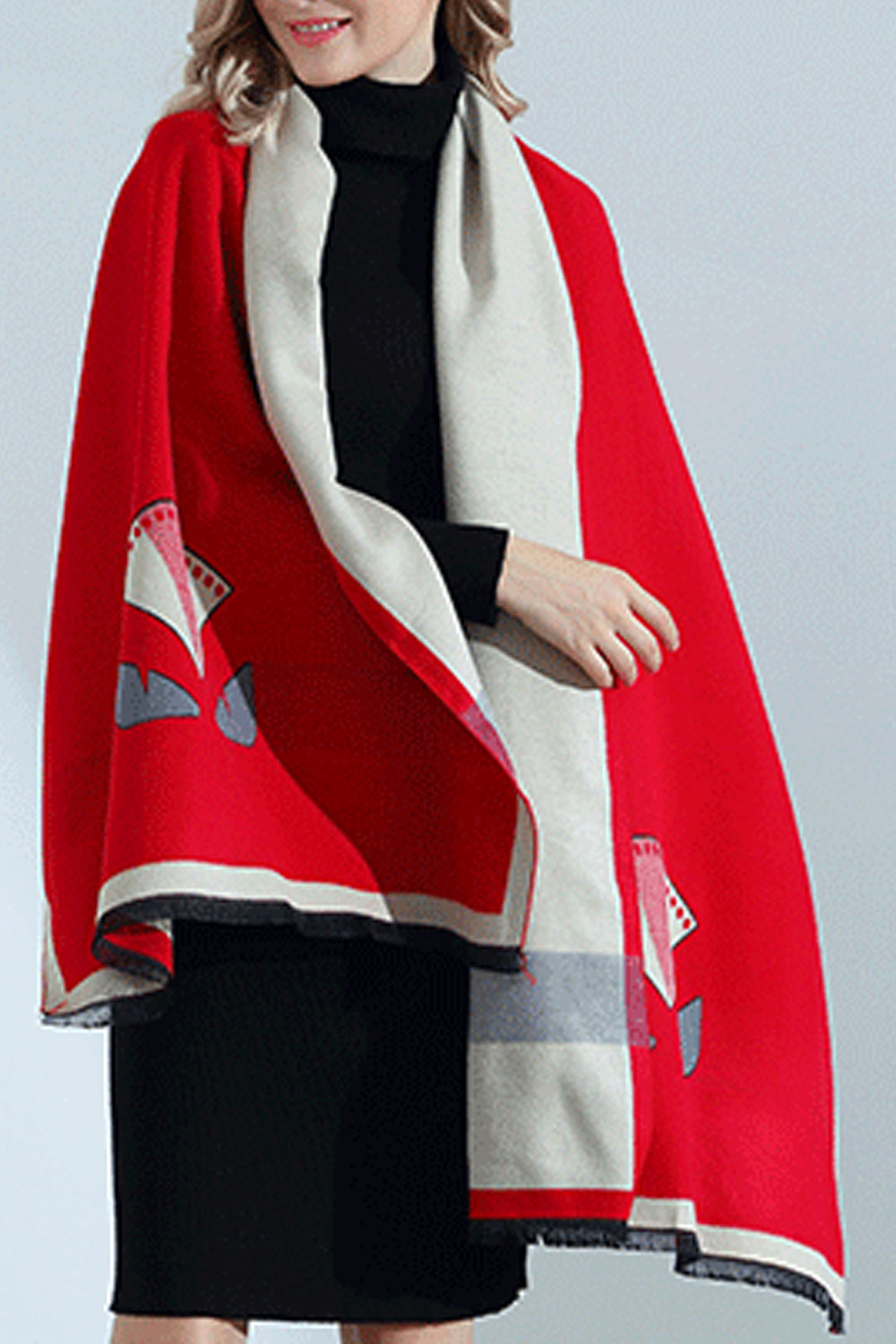 Women Cute Cartoon Pattern Cashmere Warm Thick Shawl