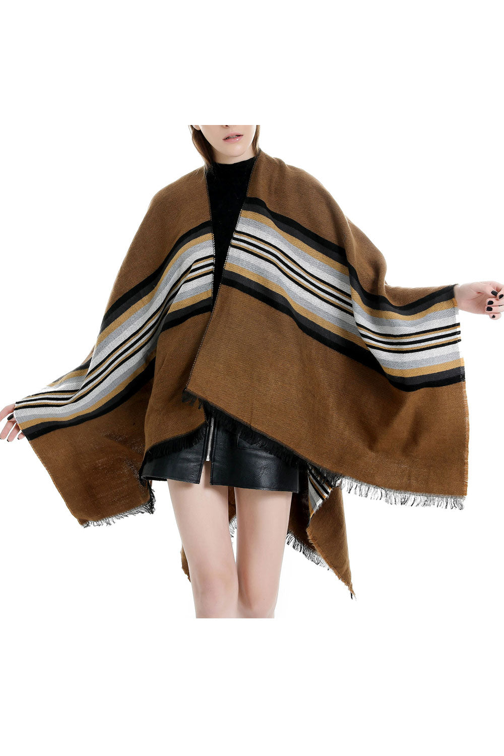 Women Solid Colored Stripe Pattern Warm Shawl