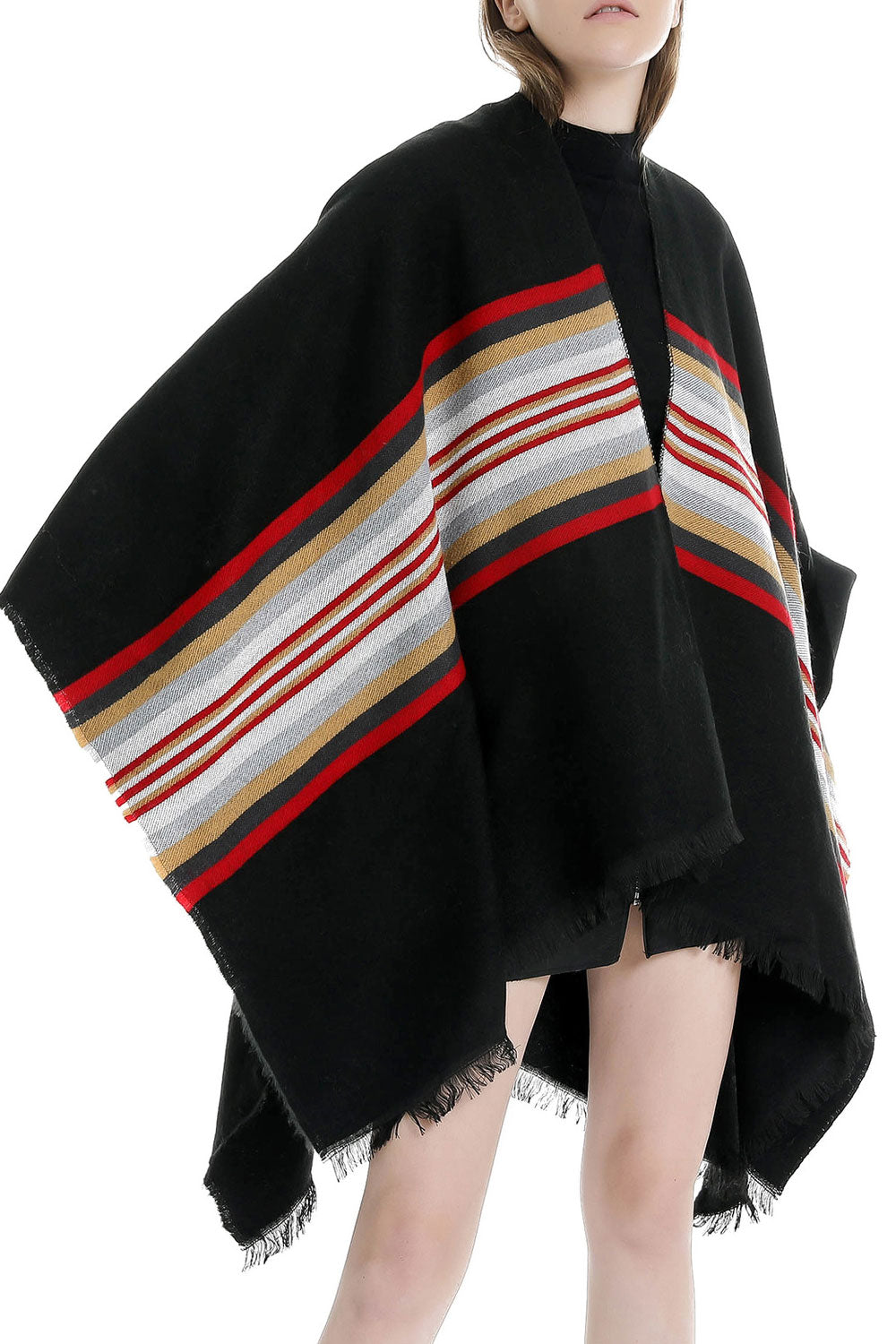 Women Solid Colored Stripe Pattern Warm Shawl
