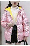 Kid Girl Shiny Hooded Neck Stretchable Cuff & Hem Slash Pockets & Front Zip Fastener Thick Down Padded Jacket