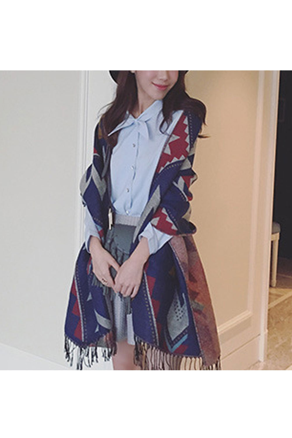 Women Lovely Printed Pattern Tassel Decorated Warm Shawl