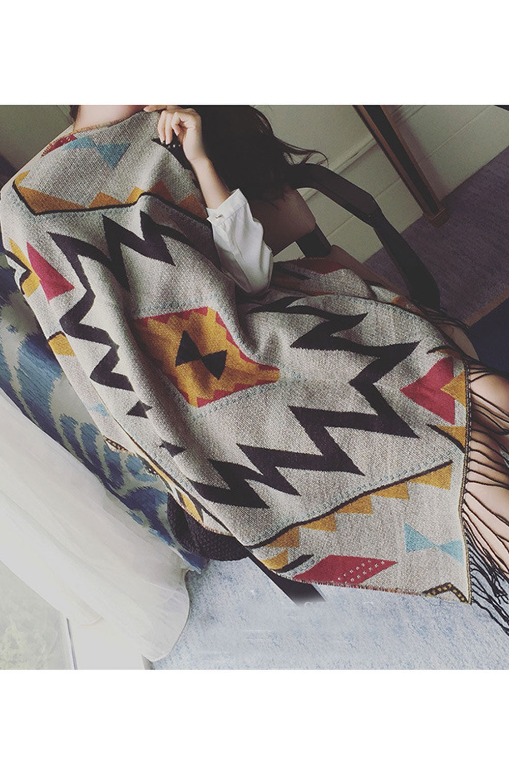 Women Lovely Printed Pattern Tassel Decorated Warm Shawl