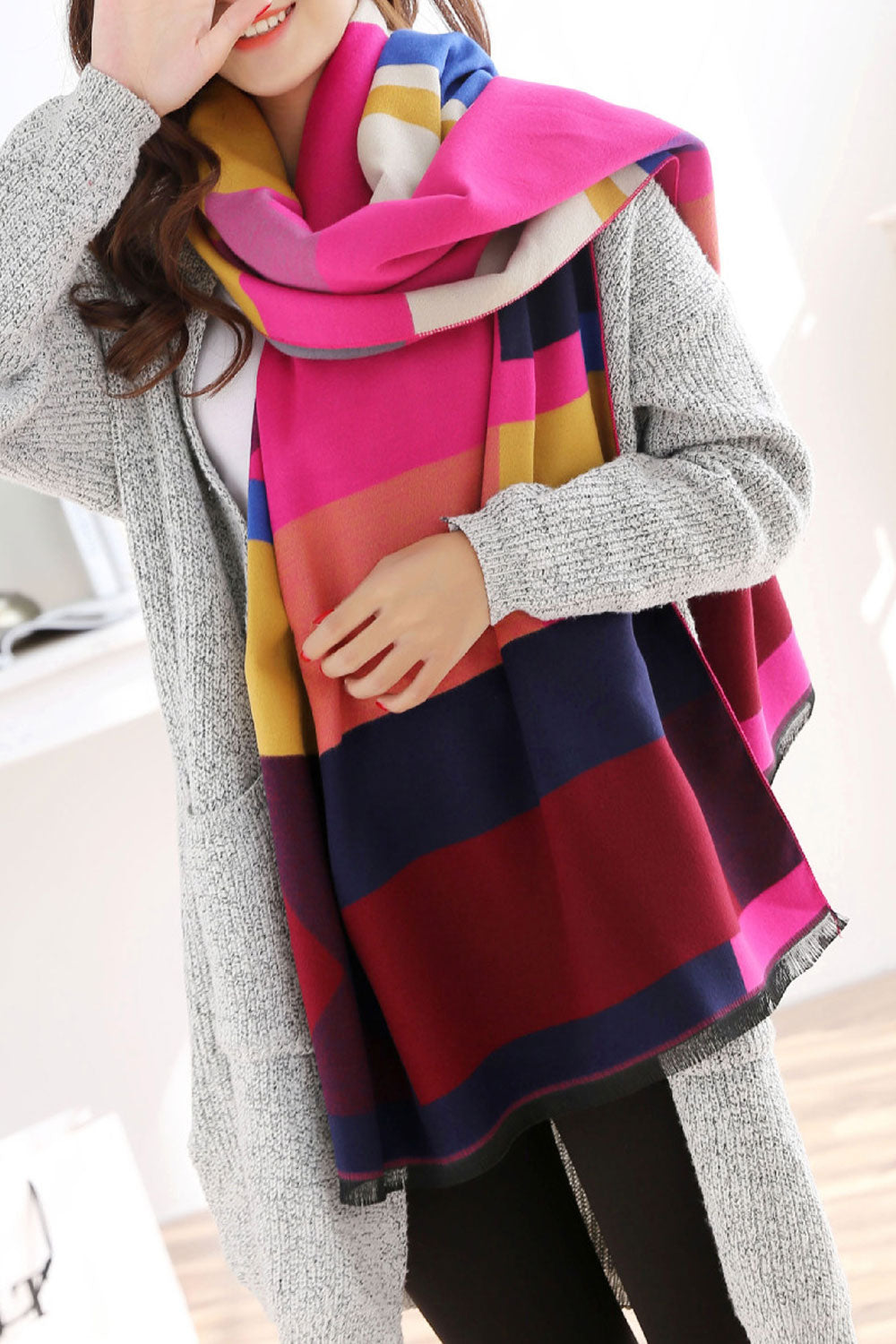 Women Fashion Contrast Color Winter Warm Thick Shawl