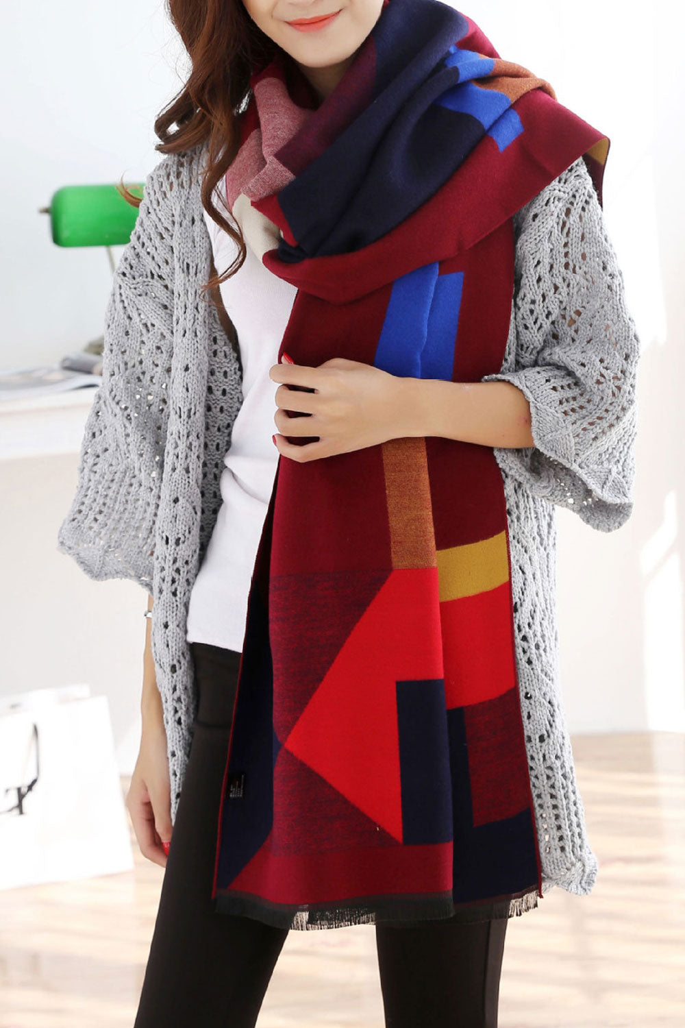 Women Fashion Contrast Color Winter Warm Thick Shawl