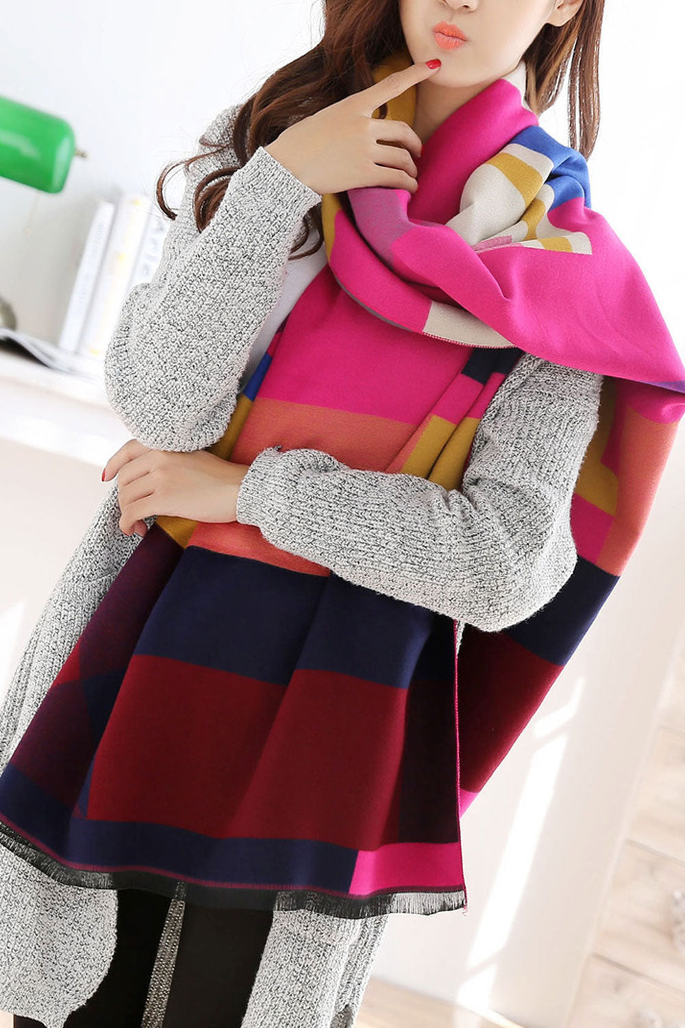 Women Fashion Contrast Color Winter Warm Thick Shawl