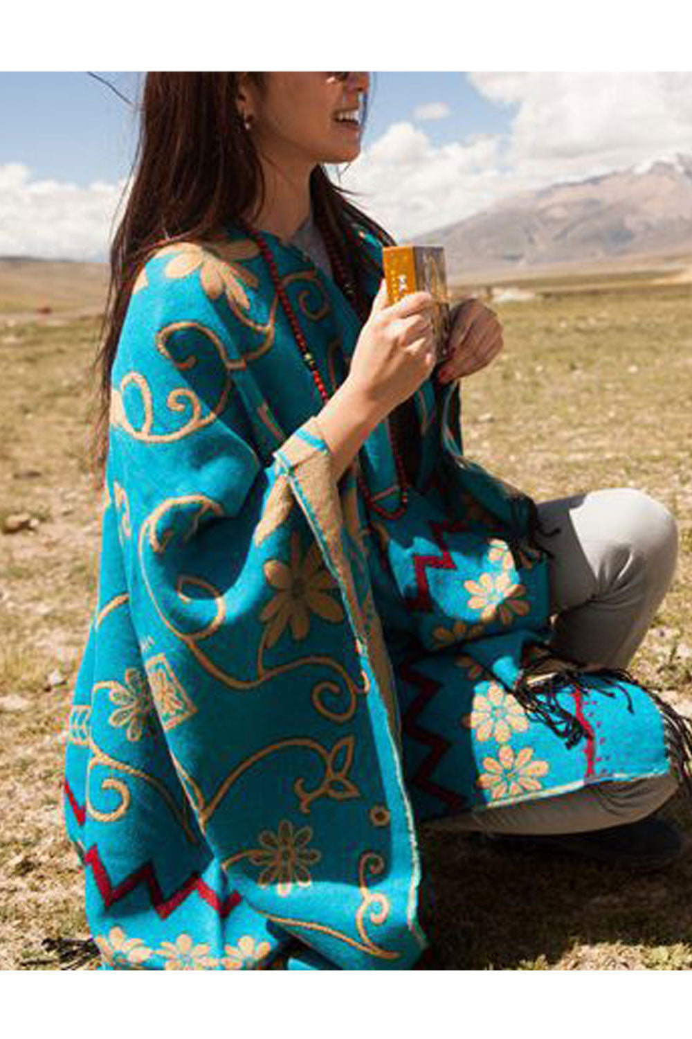 Women Beautiful Flower Tassel Decorated Warm Shawl