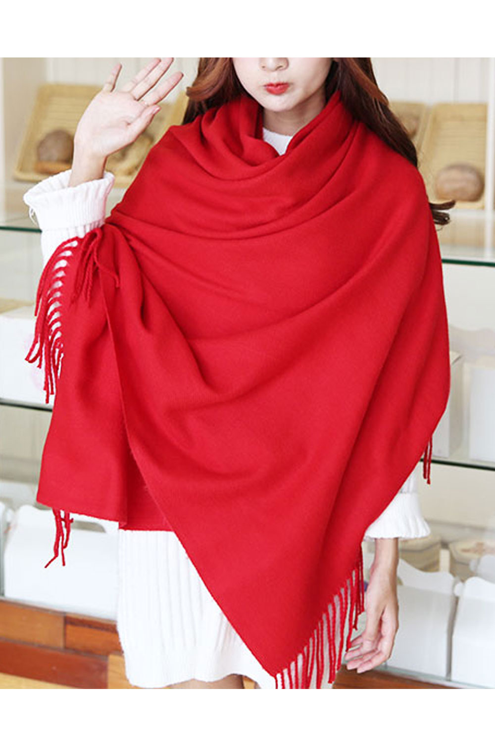 Women Solid Color Tassel Decorated Warm & Thick Shawl